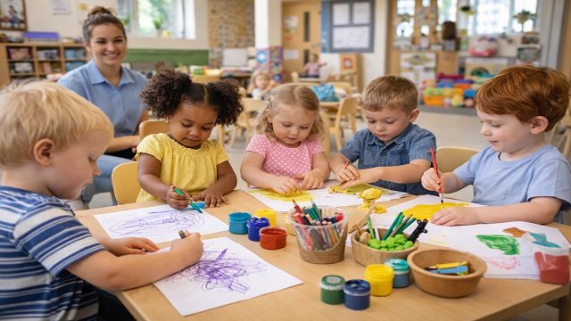 A group of toddlers enjoying a creative play session at a Harlow nursery